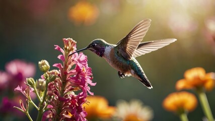 Obraz premium A hummingbird hovering near vibrant flowers in a sunlit garden.