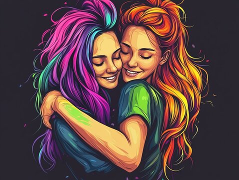 Women Lgbt couple lover hugging happiness Colorful hair tattoo girl