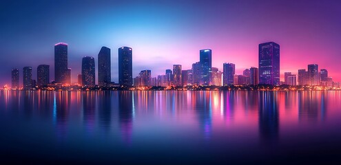 Obraz premium A purple neon cityscape with skyscrapers and buildings glowing in shades of blue, pink, or violet lights, Modern Futuristic Sci Fi Background
