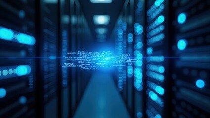 Empty underground corridor reflects the cool light of a data center network server room