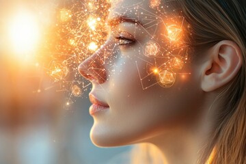 Profile of a woman with glowing geometric shapes and light particles overlayed, representing digital consciousness, artificial intelligence, and futuristic technology.