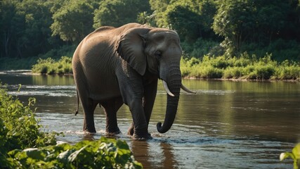 Fototapeta premium An elephant wades through a serene river surrounded by lush greenery.