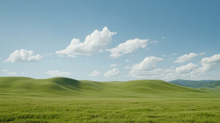 Obraz premium Lush green hills under clear blue sky with fluffy clouds create serene landscape, inviting tranquility and peace