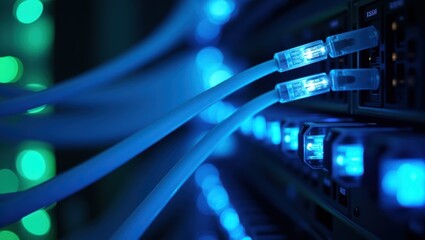 Abstract digital network technology showing blue fiber optic cables transmitting data