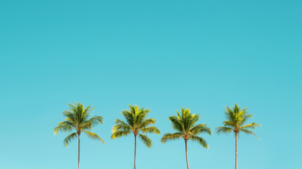Lush palm trees against clear blue sky create serene tropical landscape, evoking sense of relaxation and tranquility