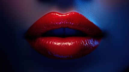 Striking lips in bold red and blue hues. Glossy texture meets dramatic contrast against a deep blue backdrop. A vibrant, artistic close-up