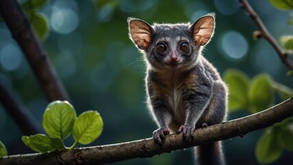 Naklejka premium A close-up of a cute, small animal perched on a branch in a lush, green environment.