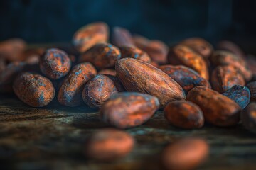 Obraz premium A dramatic close-up of raw cocoa beans on a rustic wooden surface, ideal for showcasing organic ingredients and chocolate production, with a rich, dark aesthetic appeal.