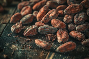 Obraz premium A close-up of vibrant cacao beans and chocolate pieces scattered on a dark wooden surface, emphasizing rich textures and the beauty of natural food ingredients.