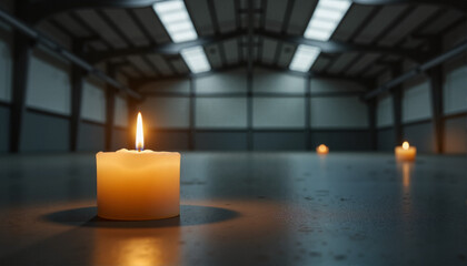 Lit candle on a reflective surface in an industrial setting for blogs, websites, relaxation themes, meditation materials, and cozy atmosphere illustrations