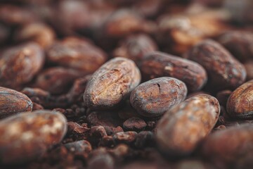 Fototapeta premium Extreme close-up showcasing the rough texture and rich, earthy tones of raw cocoa beans, providing a detailed look at the natural ingredient used in chocolate making.