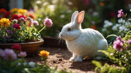A white rabbit sits in a vibrant garden filled with colorful flowers.