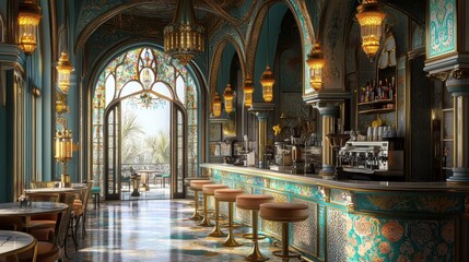 Elegant caf&eacute; interior with ornate decor and bar, featuring palm trees outside