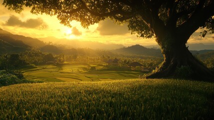 Obraz premium Sunrise over Rice Terraces, Lush Landscape, Peaceful Scene, Scenic View, Nature, Stock Photo