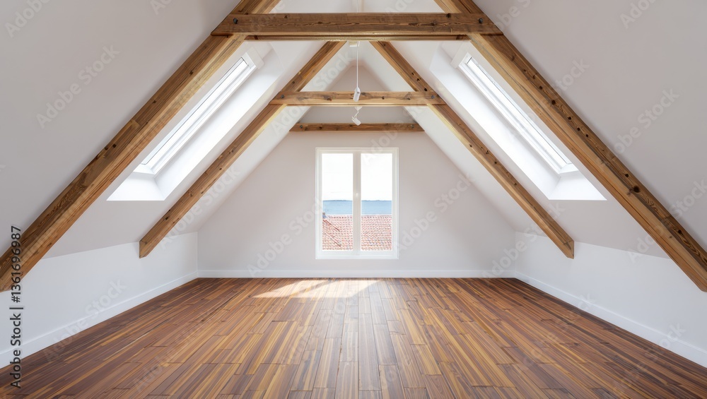Poster beautifully designed attic space with wooden beams and natural light flooding in from skylights in a