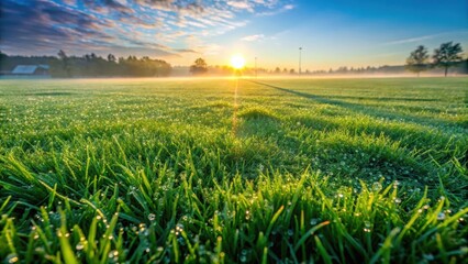 Serene Dawn Dew-Kissed Grassland Bathed in Golden Sunlight, a Tranquil Landscape at First Light