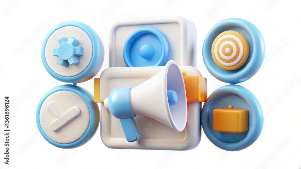 Aufkleber Clean 3D Render of Icons Featuring Sound and Notification Elements