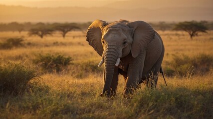 Fototapeta premium A majestic elephant stands in a golden savanna during sunset.