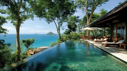 Obraz premium Seaside Serenity: Luxurious Tropical Resort with Infinity Pool Overlooking Turquoise Waters