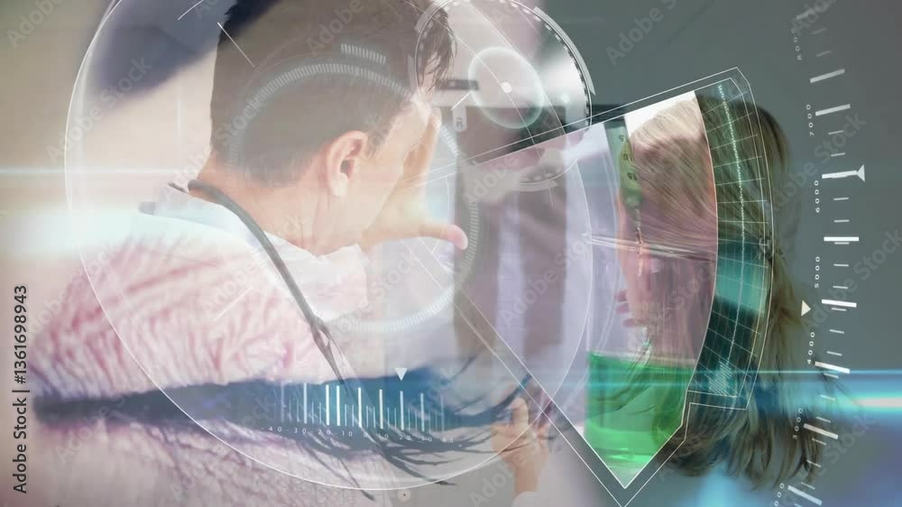 Poster using digital interface, person interacting with technology and animation on screen