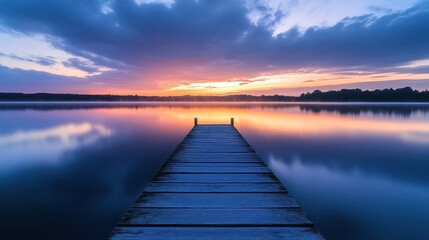 Obraz premium Calm lake sunrise, tranquil dock, peaceful morning, tranquil scene