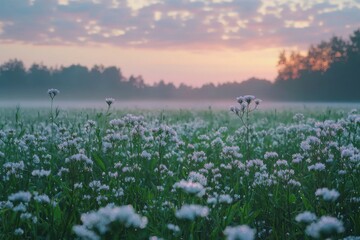 A serene morning landscape featuring a field of delicate white wildflowers under a soft pastel sky, shrouded in gentle mist, evoking a sense of tranquility.