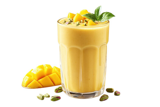 A Refreshing Mango Lassi, Perfectly Blended With Creamy Texture And Sweet Mango Flavor, Garnished With Fresh Basil And Pistachios, A Delightful Summer Treat In A Clear Glass Isolated on Transparent Ba