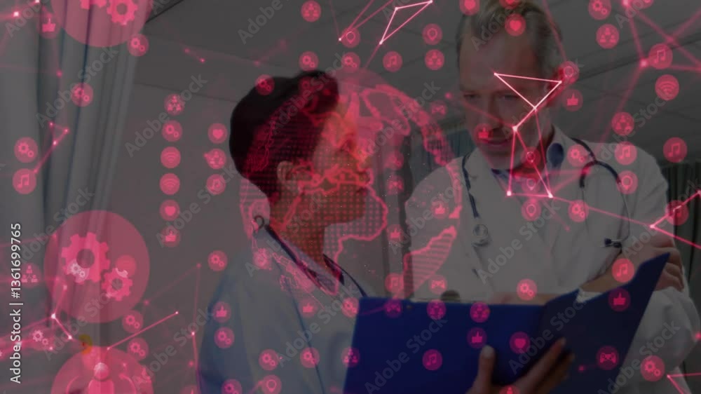 Poster doctors discussing patient chart over digital network and data processing animation