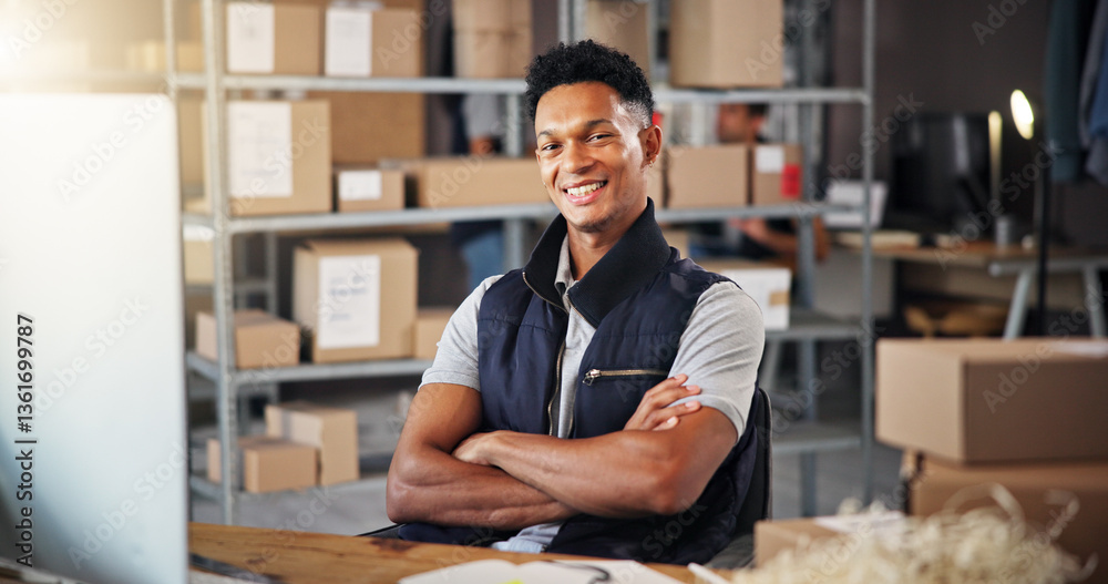 Aufkleber ecommerce, man and arms crossed with computer in warehouse for stock management and courier service.