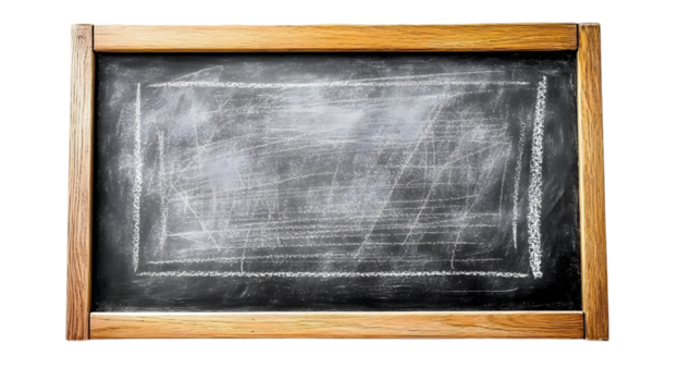 Dark chalkboard with chalk traces and a rectangular frame made of light brown wood.
