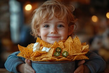 Naklejka premium Child happily holds a large bowl of nachos topped with jalapenos and sour cream in a cozy restaurant setting