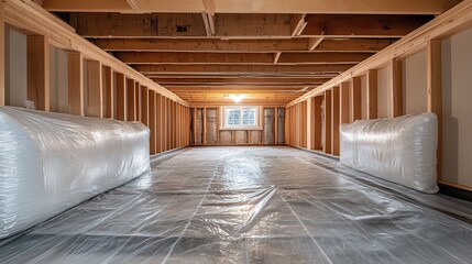 Unfinished basement with plastic on the floor, and insulation on the walls. Perfect image for home improvement, renovation, construction or remodeling.