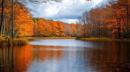 Obraz premium Autumnal serenity: Lakeside reflecting fiery foliage under a cloudy sky tableau