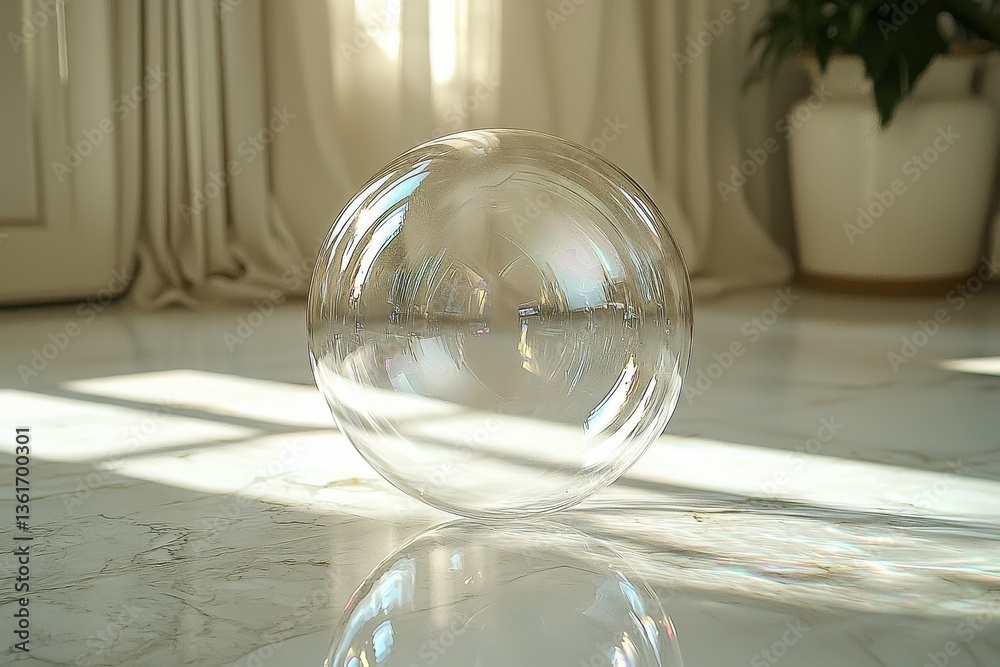 Poster transparent glass sphere resting on polished marble floor with sunlight streaming through curtains i