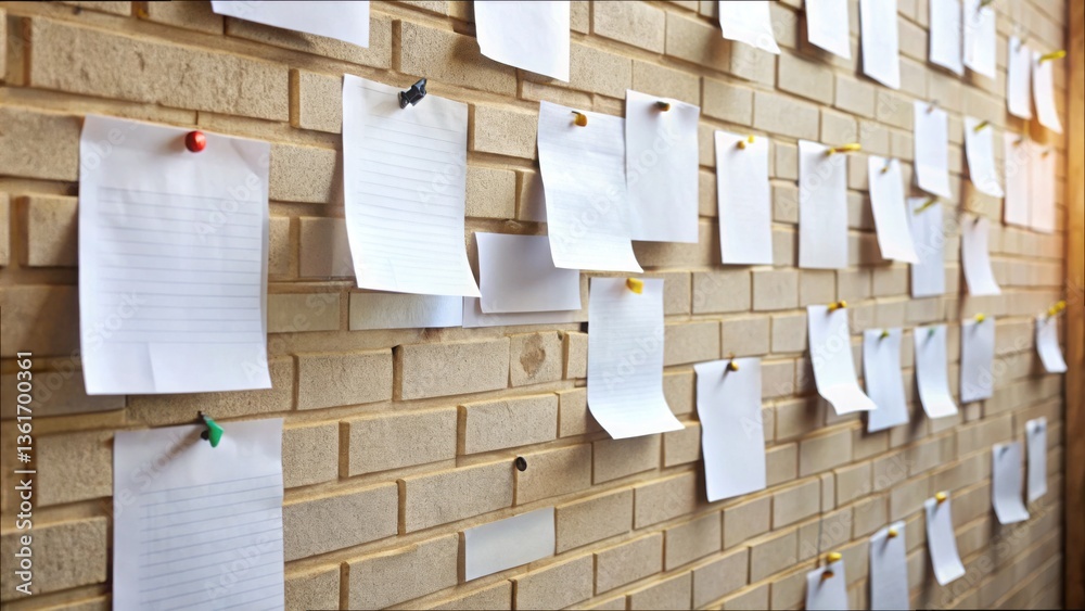 Aufkleber blank papers pinned to wall for creative campaign ideas display