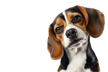 Curious beagle looking at the camera tilting its head slightly with a thoughtful expression.
