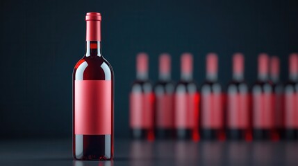 A front-facing red wine bottle in sharp focus, with blurred bottles in the background. Product showcase concept. Advertising photography.