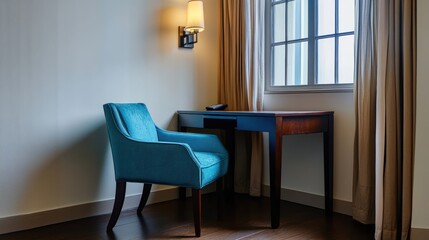 Fototapeta premium Blue chair at corner desk with window, peaceful room