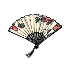 Traditional Handheld Folding Fan with Alternating Orange and Cream Segments and Intricate Patterns