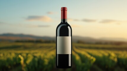 Fototapeta premium A front-facing red wine bottle in sharp focus, with blurred bottles in the background. Product showcase concept. Advertising photography.