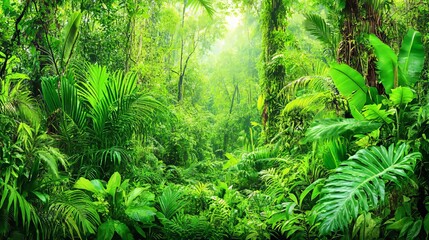 Fototapeta premium Dense jungle with bright green flora, lush foliage, and dense trees fills landscape