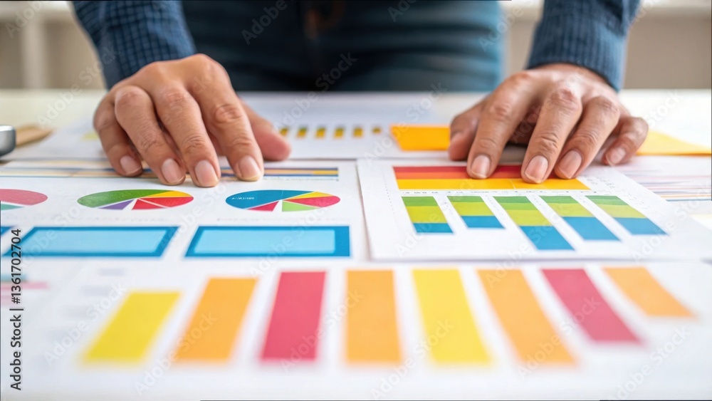 Poster Hands Arranging Colorful Charts and Graphs on a Table Surface
