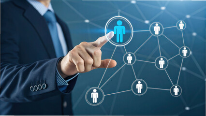 A business executive’s hand pointing at a floating blue manager icon in a virtual HR network, symbolizing leadership identification and career development.