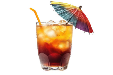 An Inviting Iced Cocktail, Perfect For A Summer Escape, Garnished With A Vibrant Miniature Umbrella And A Straw, Against A Crisp Isolated on Transparent Background