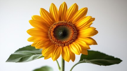 Fototapeta premium Vibrant yellow sunflower with dark brown center, two green leaves, on a white background.