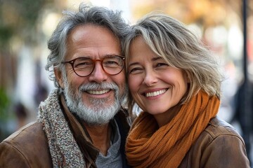 Couple d'une homme et d'une femme de 50-60 ans heureux et amoureux, souriant