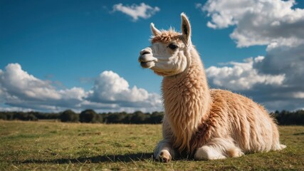 Obraz premium A relaxed llama resting on grass under a blue sky with fluffy clouds.