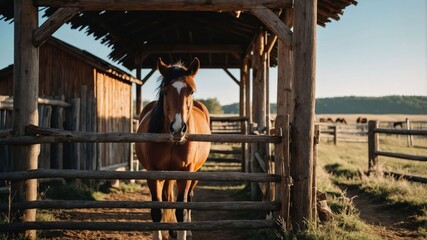 A horse stands in a rustic barn setting, framed by wooden structures and a serene landscape.