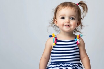 Adorable Baby Girl Smiling with Blue Striped Dress and Ponytails