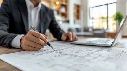 A person in a suit reviewing architectural blueprints with a pen